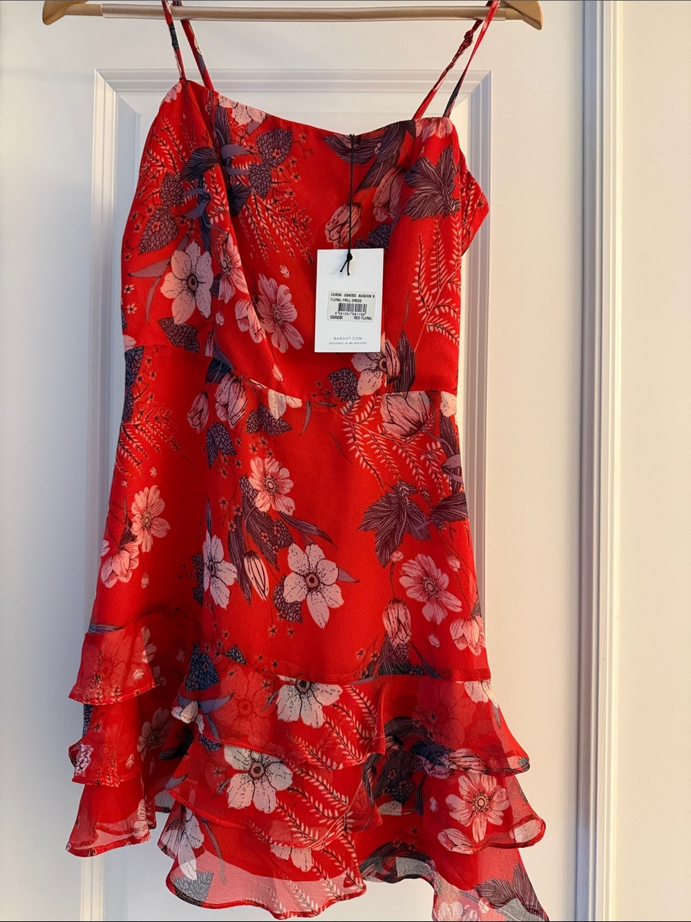 Bardot Red Floral Frill Slip Dress